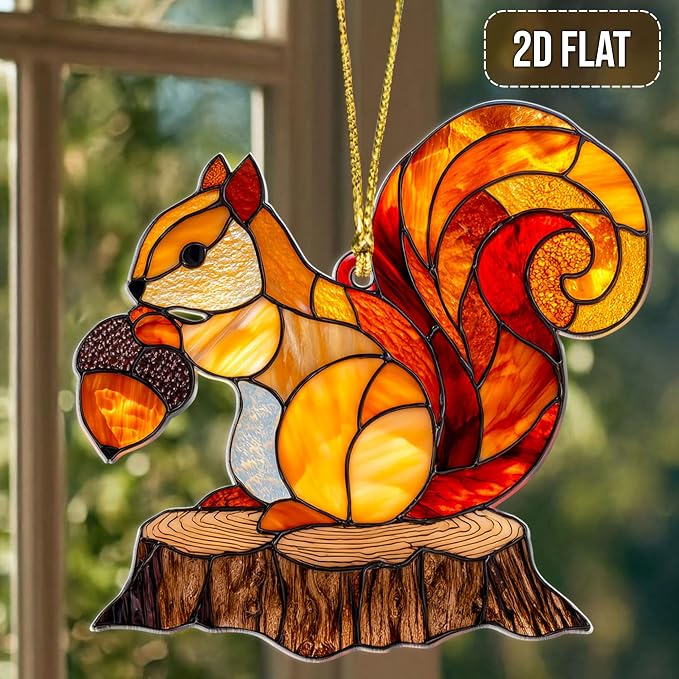 2D Flat Faux Stained Glass Squirrel Acrylic Ornament - Image 2