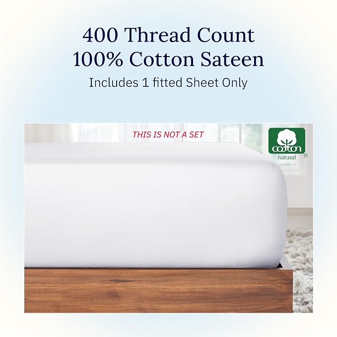 Cal King Fitted Sheet White, 100% Cotton 400 Thread Count Sateen, Deep Pocket - Image 5