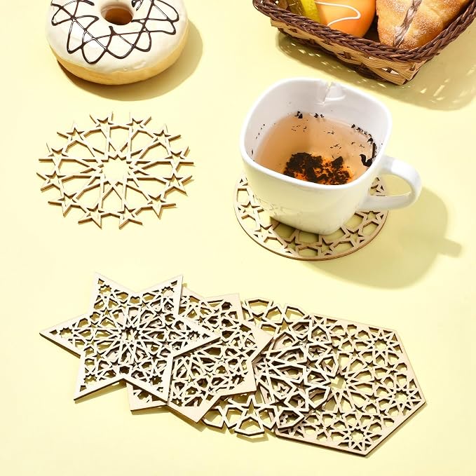 12 pcs 6 Styles Hollow Star Theme Wooden Drink Coasters Snowflake Hexagon - Image 5