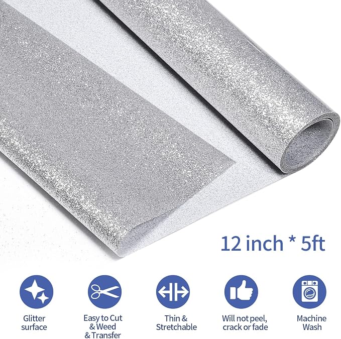 VINYL FROG Glitter HTV Vinyl Heat Transfer Vinyl Roll 12" x 5ft Silver Iron on - Image 2