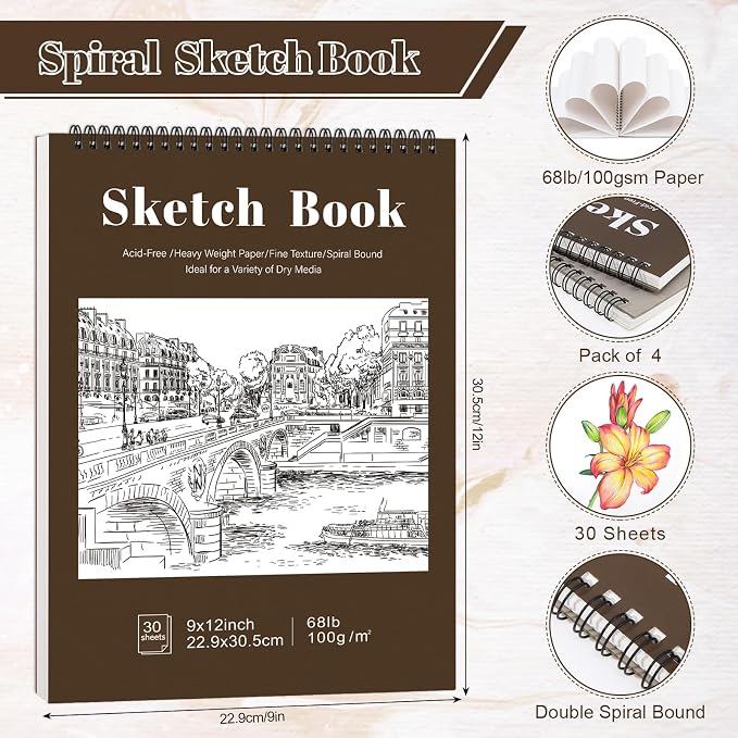4 Pack Sketch Book, 9 x 12 Inch Sketchbook, 68lb/100gsm Top Spiral Bound Sketch - Image 2