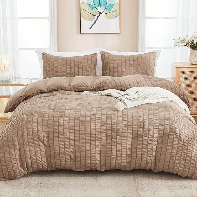 AveLom Taupe Duvet Cover Cal King, 3 Pieces, Seersucker Striped Soft Washed by AveLom