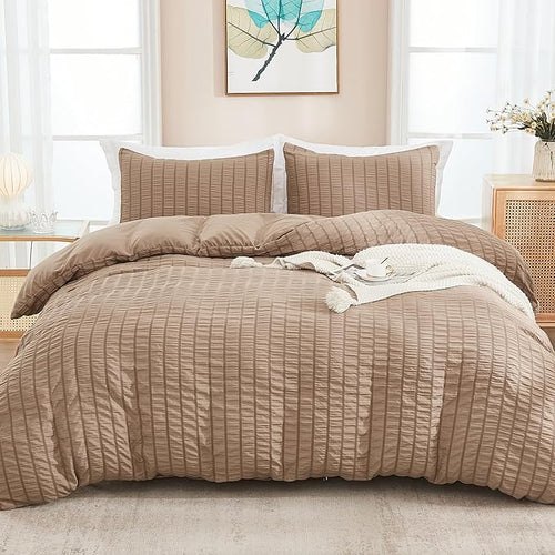 AveLom Taupe Duvet Cover Cal King, 3 Pieces, Seersucker Striped Soft Washed by AveLom
