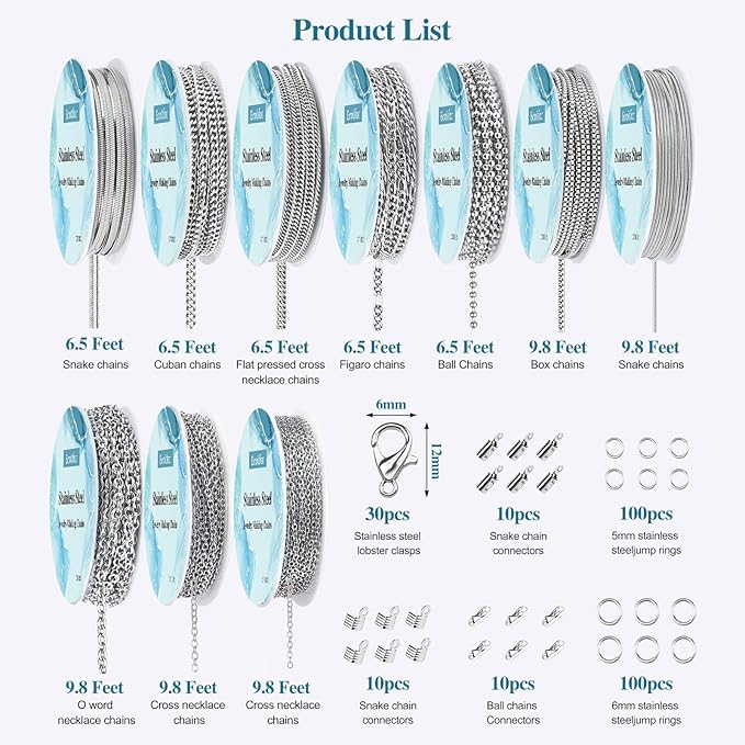 Ecoofor Necklace Chains for Jewelry Making, 82 Feet 10 Rolls Stainless Steel - Image 3