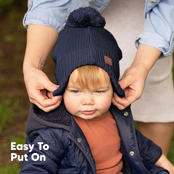 Baby Beanies, Baby Hats for Boys, Girls - Cute Toddler Winter Hat, Soft & Stretchy Beanies for Infant, Newborn 6-36 months, Cozy & Warm with Earflap Muff & Pom (Cobalt)