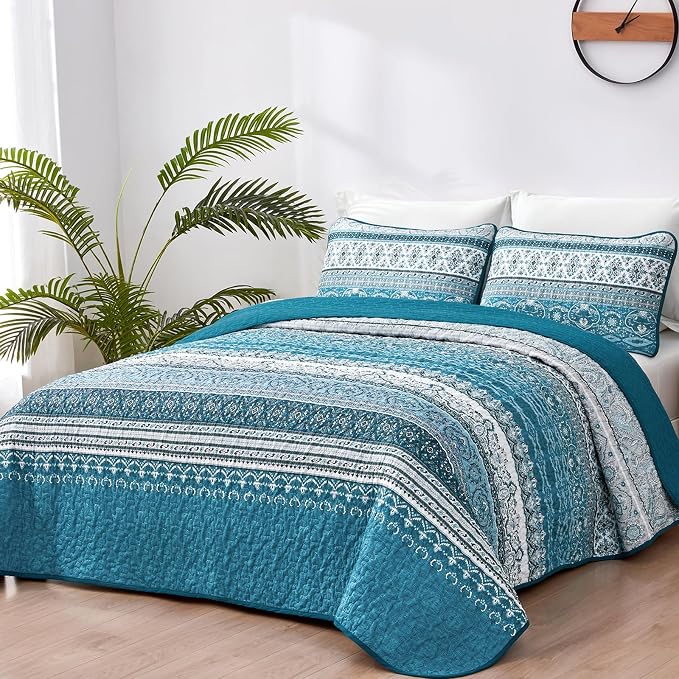 WONGS BEDDING Boho King Quilt Set, Teal and Blue Bohemian Quilt Bedding Set - Image 2