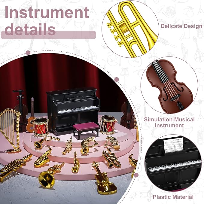 Civaner 24 Pcs Dollhouse Musical Instruments Christmas Miniature Violin Piano - Image 4