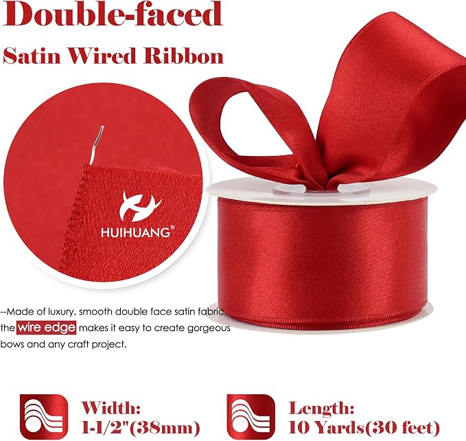 HUIHUANG Red Satin Wired Ribbon 1-1/2 inch Red Double-Faced Satin Wire Edge - Image 2