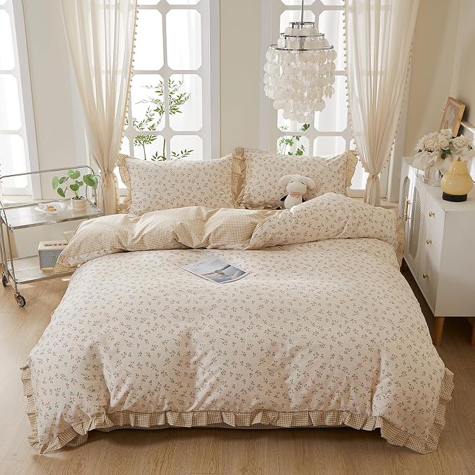 mixinni Beige Floral Duvet Cover King Size, 100% Cotton Cute Strawberry Floral - Image 9