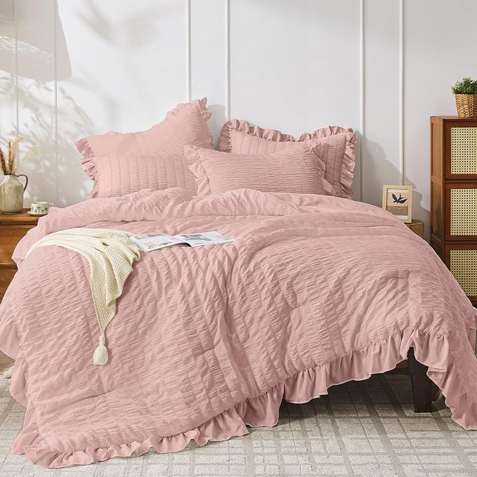 JOLLYVOGUE King Size Comforter Set, 3 Pieces Rose Gold Seersucker Comforters by JOLLYVOGUE