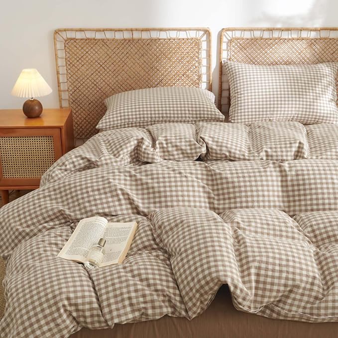 Nayoroom Gingham Duvet Cover Full Size 100% Washed Cotton Brown Tan Plaid by Nayoroom