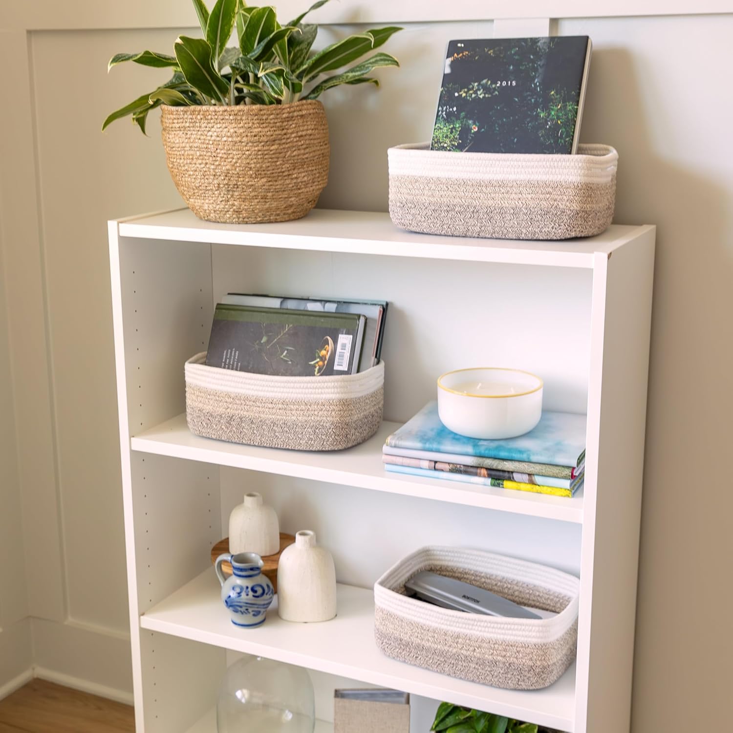 NaturalCozy 11.8"x8"x4.5” Storage Baskets for Shelves 3 Pack | Cotton Rope Woven Small Baskets for Organizing | Small Storage Bins for Nursery, Bathroom, Closet, Cube Shelf, Decorative, Gift Basket