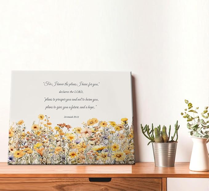 YOXORDQ Christian Floral Canvas Wall Art Jeremiah 29:11 Picture Print Yellow - Image 2