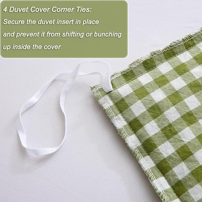 Silnuo Olive Green/White Checkered Ruffle 3-Piece Duvet Cover Set Twin Size - Image 7