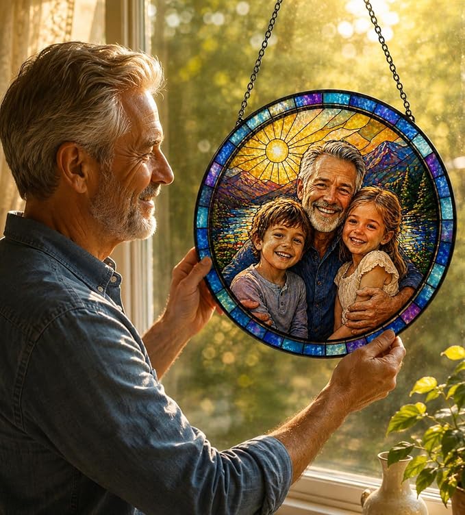 Personalized Grandpa Stained Glass Sun Catcher, Custom Family Photo Window - Image 3
