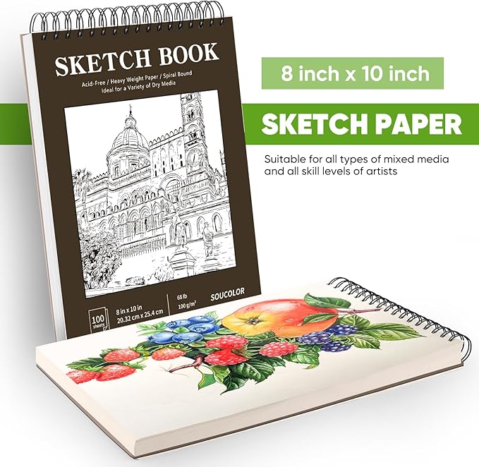 Soucolor 8x10 Sketch Book, 100 Sheets, 68lb Acid-Free Spiral Bound Pad | 68lb - Image 6