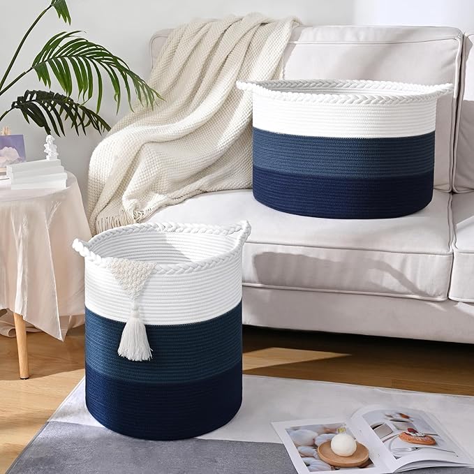 52L Storage Basket for Organizing, 15"×18" Large Tall Laundry Baskets, Cotton Rope Woven Blanket Basket, Toy Storage for Kids, Collapsible Laundry Hamper for Living Room, Nursery Room
