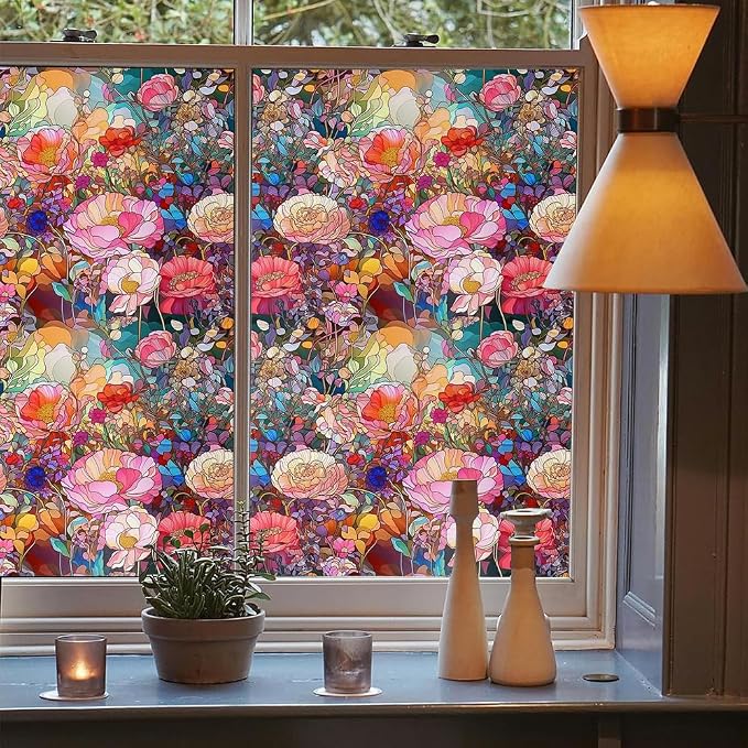 Colorful Pink Red Stained Glass Flowers Blue Purple Wildflowers Window Films - Image 3