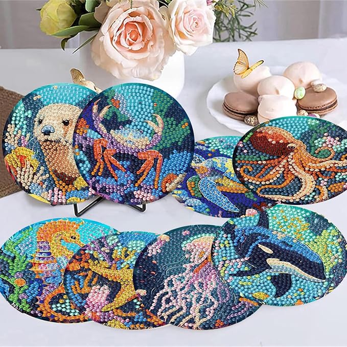8 Pack Diamond Art Coasters, Ocean animal Diamond Painting Coasters Kits | - Image 5