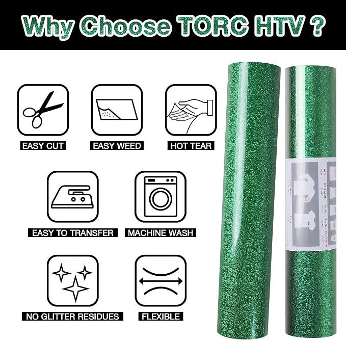 TORC Green Glitter HTV Heat Transfer Vinyl Roll 12 inch x 20 ft Iron on Vinyl - Image 4