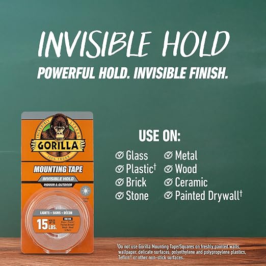 Gorilla Invisible Hold Mounting Tape, Holds up to 15 lbs, Permanent Bond - Image 3