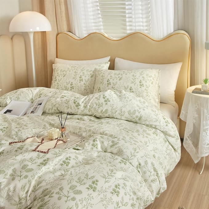 mixinni Girls Boho Green Floral Duvet Cover Set Twin Size Cotton Soft Aesthetic - Image 2