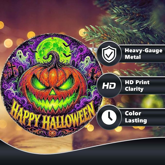 Neon Pumpkin Halloween Metal Tin Sign Round Wall Decor Glowing Jack O Lantern - Image 4
