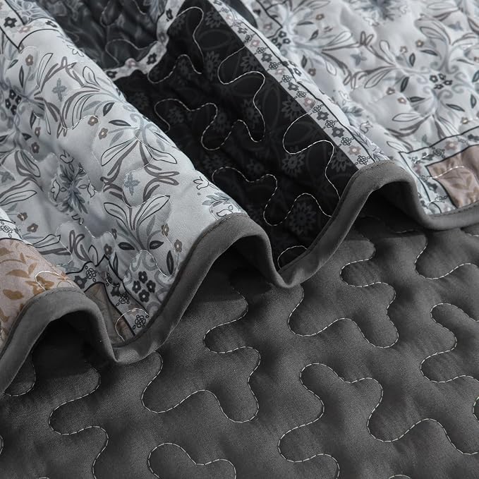 Xruibed Grey Quilt Set Queen Size 3 Pieces Plaid Floral Boho Bedspread Coverlet - Image 7