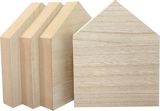 6 Inch 4 Pieces Unfinished Wooden House Shaped Blocks by Cregugua