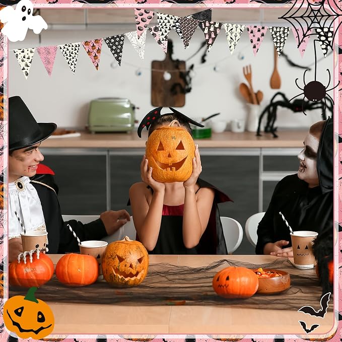 Hosuly 40 Pcs Pink Halloween Fabric Vintage Pumpkin Crow Skull Ghost Spiderweb - Image 4