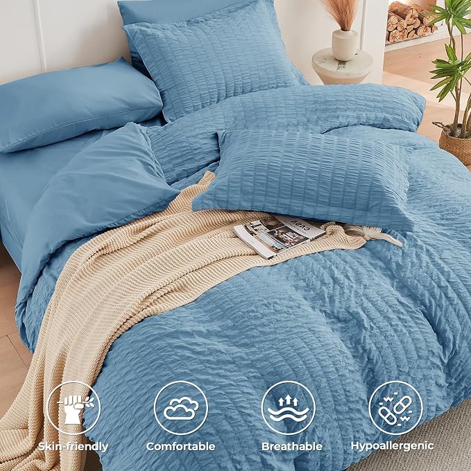 HYMOKEGE Mineral Blue King Size Comforter Set Seersucker 7 Pieces, All Season - Image 3