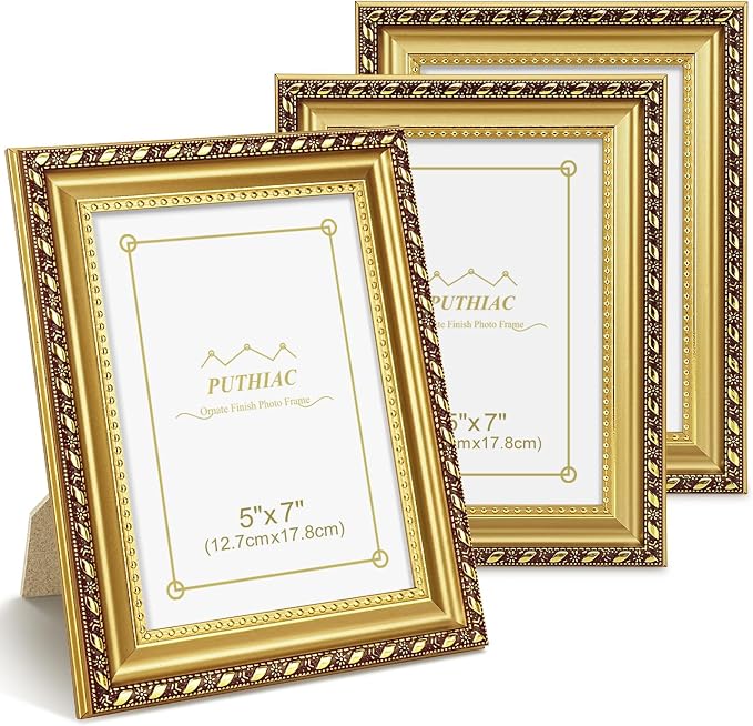 puthiac 5x7 Gold Picture Frame Set of 3, Vintage Ornate Decorative Photo Frames by PUTHIAC