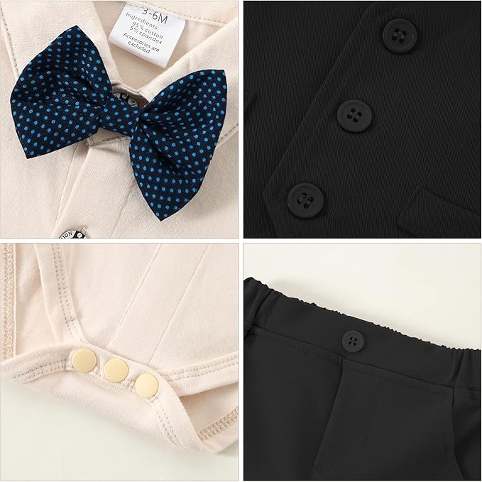 DISAUR Baby Boy Clothes Toddler Boy Outfits 4PCS Gentleman Dress Romper/Vest/Pants/Bow Tie Cotton Suit Sets
