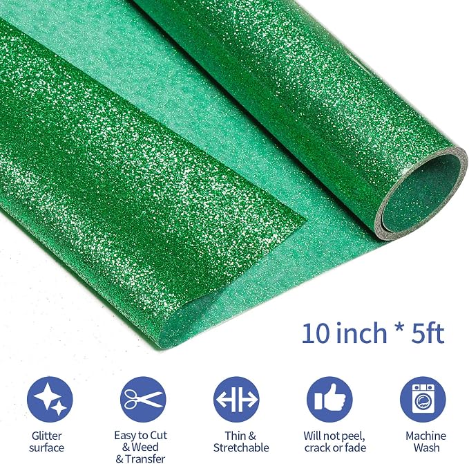 VINYL FROG Green Glitter Heat Transfer Vinyl Roll 12" x5ft Green Iron on Vinyl - Image 2