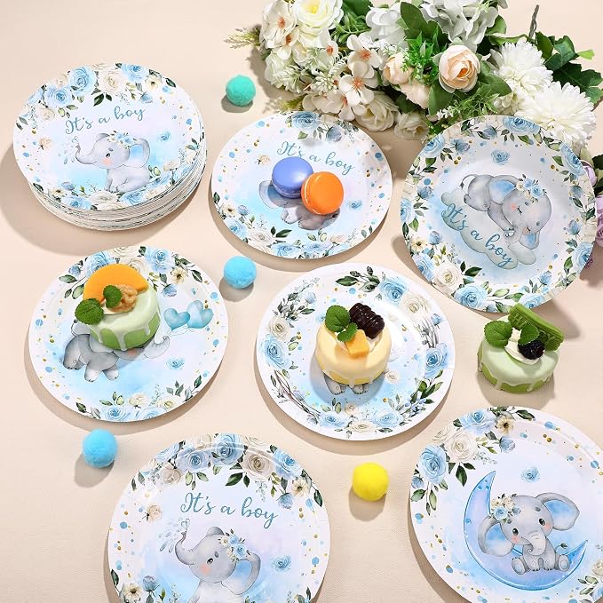 Funnymoom 60 Pcs 7 Inch Elephant Baby Shower Paper Plates It's a Boy Shower - Image 5