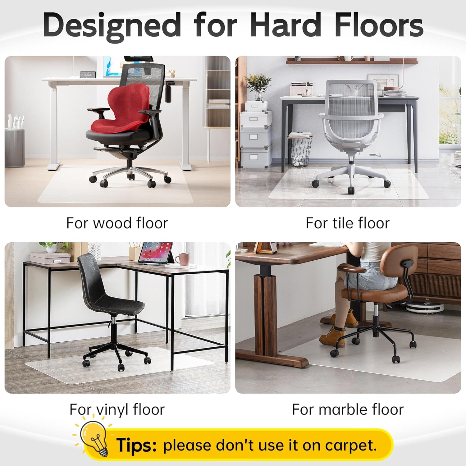 Office Chair Mat for Hardwood Floor, 48” x 40” Crystal Clear Hard Floor Chair Mat, Transparent Floor Protector Mat Flat Without Curling