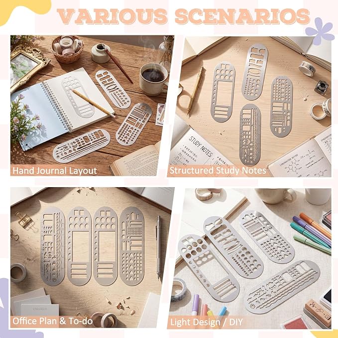 Chinco 4 Pieces Stencils Metal Journal Template 7.9 x 2.4 Inches Bookmark Ruler - Image 6