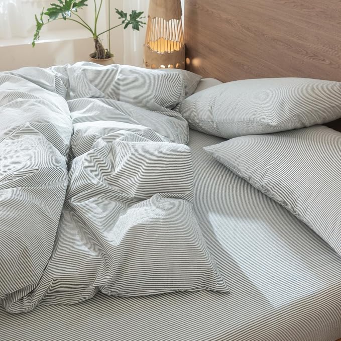MooMee Striped Duvet Cover Set 100% Washed Cotton Linen Like Textured - Image 7