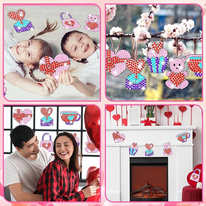 Qyeahkj 6 Pcs Valentine's Day Arts Crafts DIY Heart Bear Gem Diamond Suncatcher - Image 6