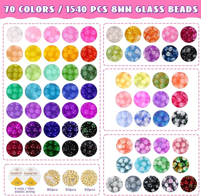 8mm Glass Beads Bracelet Making Kit, Funtopia Round Glass Beads - Image 2