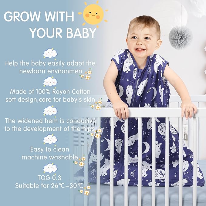 3 Pack Baby Sleep Sack 100% Rayon Cotton Baby Sleeping Bag 2-Way Zipper Toddler Wearable Blankets TOG 0.3. (Fox&Dinosaurs&Dark gray, 6-12 Months)