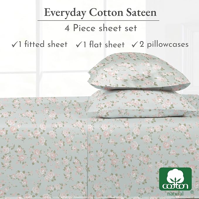 California Design Den Printed Pattern Rose Queen Sheet Set, 100% Cotton Sateen - Image 6