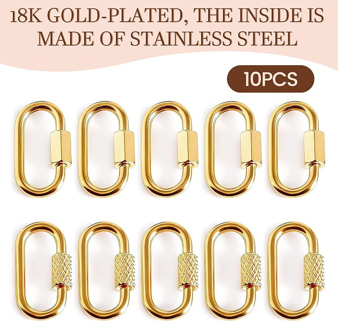 Stainless Steel Screw Lock Charms Carabiner Bracelet, 18K Gold Plated, 10 Pieces - Image 4