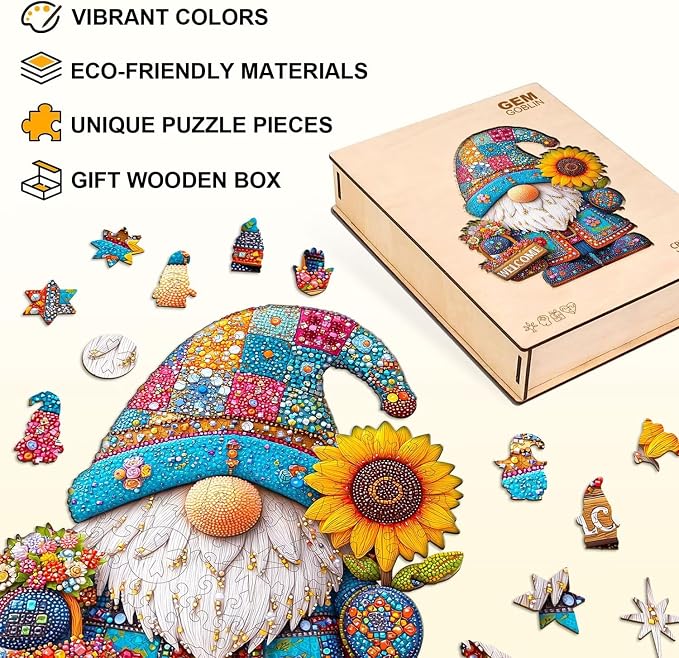 Garden Gnome Puzzles Elf Sunflower Basket Stained Glass Colorful Puzzle Adults - Image 2