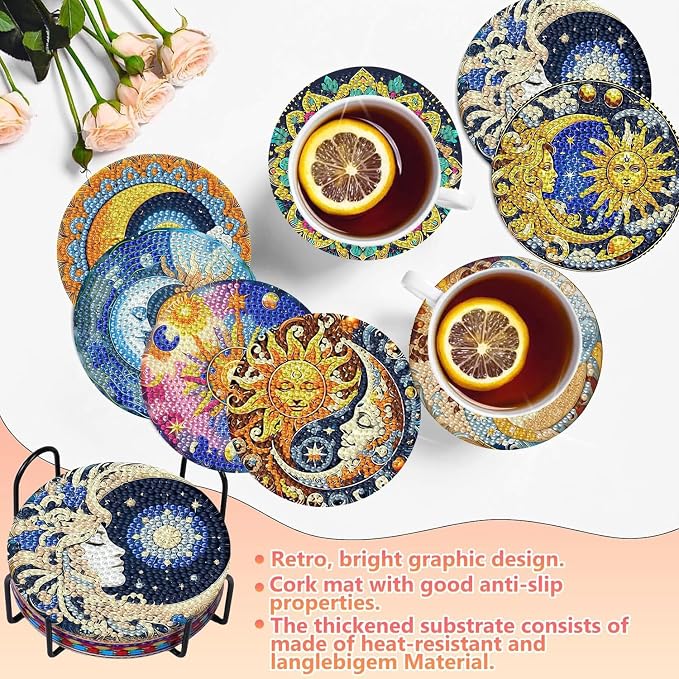 8 PCS Diamond Art Coasters Kits Sun and Month Diamond Painting Coaster | - Image 4