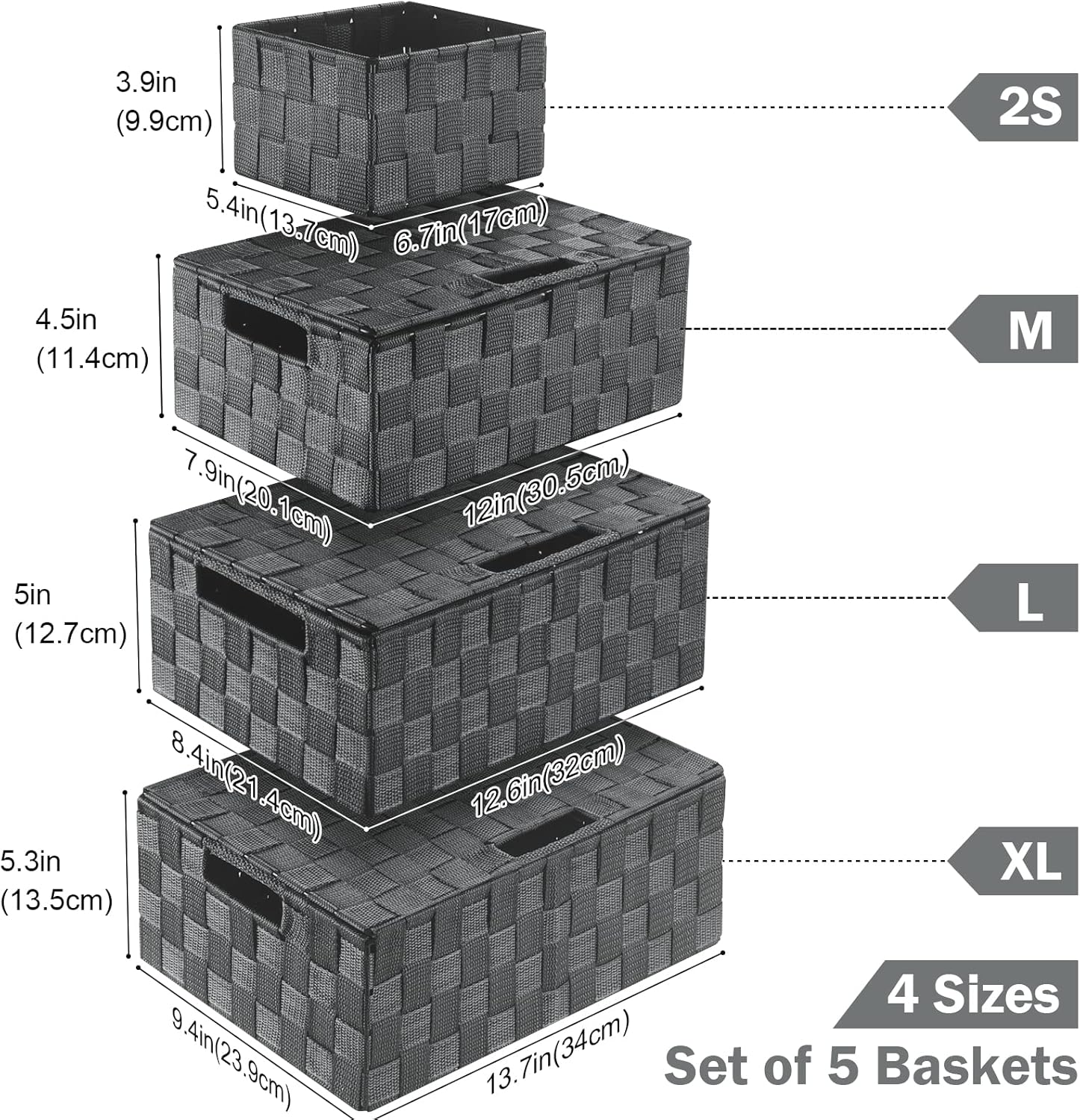 Storage Bins with Lids, Woven Storage Box Organizer Containers Decorative Baskets Cube for Clothes Bedroom Closet Office (5 Pack, Grey)