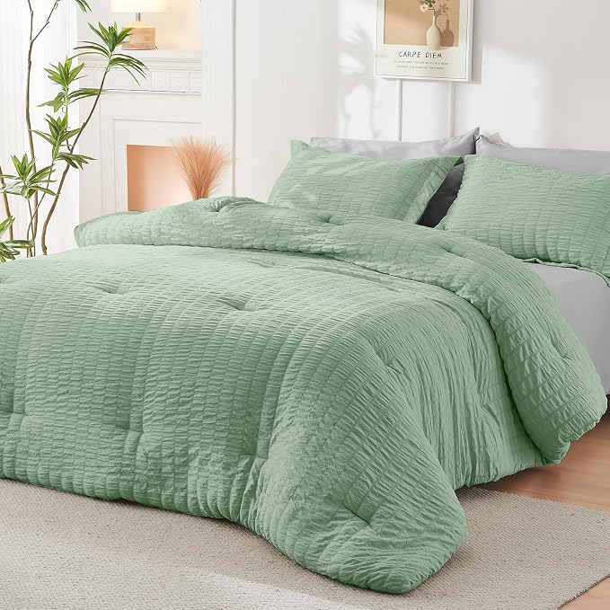 HYMOKEGE Sage Green/Light Grey Twin Comforter Set Seersucker 5 Pieces, All - Image 8