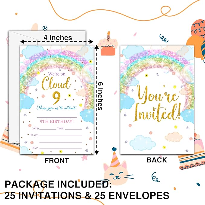 9th Birthday Invitations, 25 Double-Sided Rainbow Clouds Party Invitation Cards - Image 2