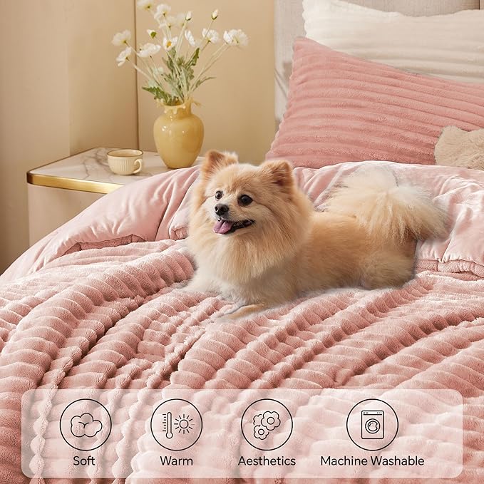BEDELITE Fleece King Comforter Set -Super Soft & Warm Fluffy Dusty Pink Bedding - Image 3