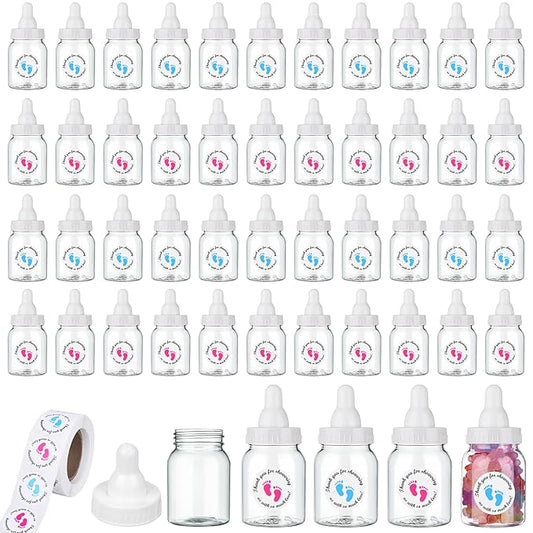62 Pcs 3.5 Inch Baby Mini Milk Bottle Baby Shower Favor with 500 Adhesive Thank You for Showering Stickers, Small Plastic Candy Bottle DIY Gift for Boy Girl Newborn Baptism Party Decor (White)